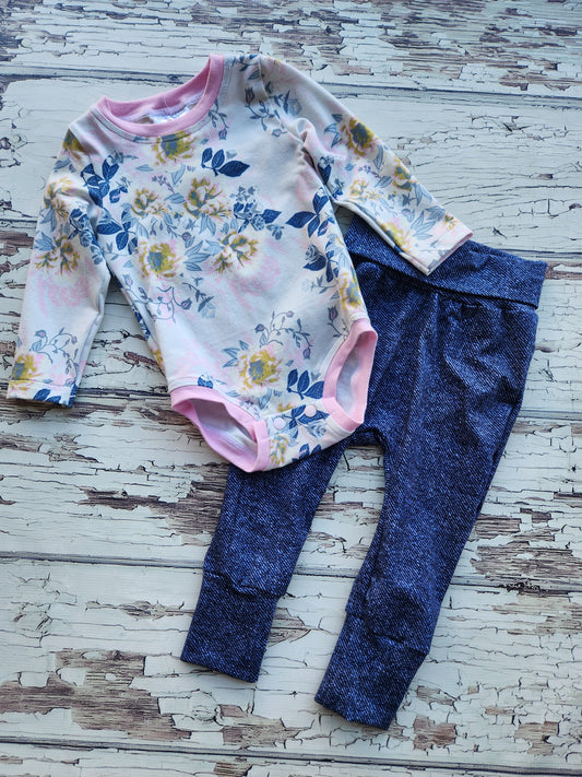 SOFT FLORAL W/ DENIM Onesie SET 12m