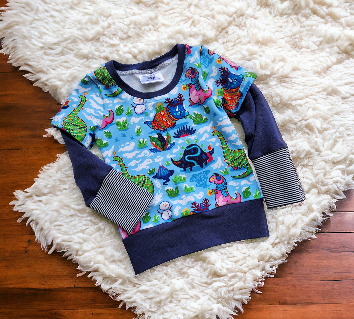 GWM 1 BLUE Holiday DINO PULLOVER w/Layered sleeves